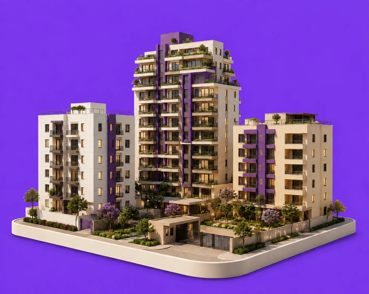 Composição original de três prédios residenciais com varandas, jardins e detalhes roxos